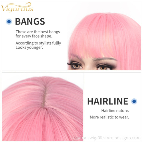 Vigorous Cheap pink Colored Short Bob Wig With Bangs Heat Resistant Synthetic Short Straight Wig For Women Cosplay Daily Use
